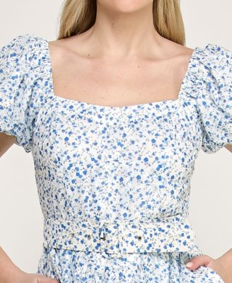 Juniors' Short Puff-Sleeve Drop Waist Dress