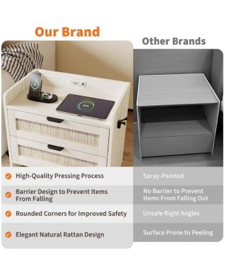 Set of 2 Rattan Nightstands, 2-Drawer Bedside Table with Type-C Charging Station