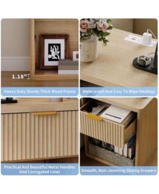 Set of 2 Natural Fluted Nightstands, Bedside Table with Charging Station Drawers & Open Storage