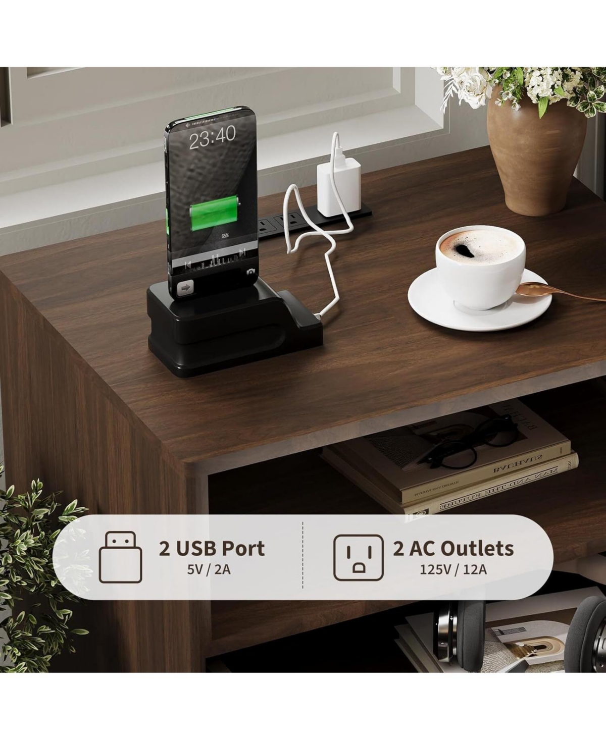 gaomon 1PC Walnut Brown Fluted Wood Nightstand, Bedroom Bedside Table with Usb Charging Station