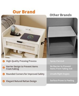 1PC Rattan Nightstand, 1-Drawer Bedside Table with Type-C Charging Station & Open Storage