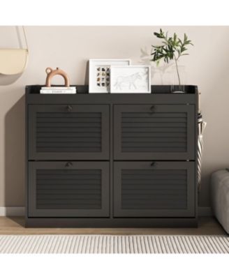 Large Shoe Storage Cabinet with 4 Flip Drawers, Narrow Shoe Cabinet for Entryway with Wooden Legs