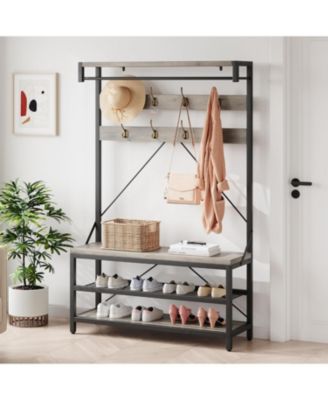 72" Industrial Hall Tree with Shoe Bench, Storage Shelf & 8 Double Hooks for Entryway