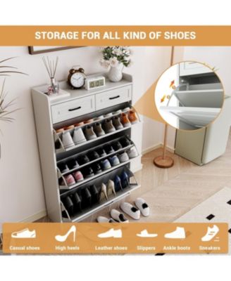 Shoe Cabinet with 3 Flip Drawers & 2 Drawers, Freestanding Narrow Shoe Organizer, White