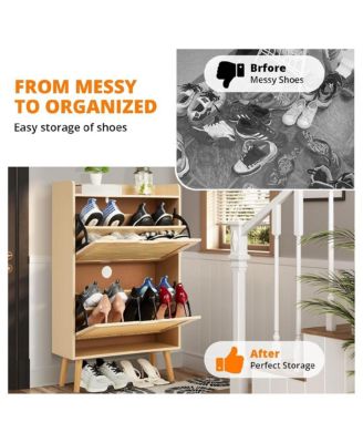 Shoe Storage Cabinet with Flip-Drawers, Ventilated Hidden Narrow Shoe Cabinet | Odor-Resistant MDF Shoe Cabinet Storage