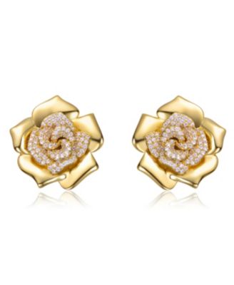 14K Gold Plated CZ Big Heavy Flower Statement Earrings