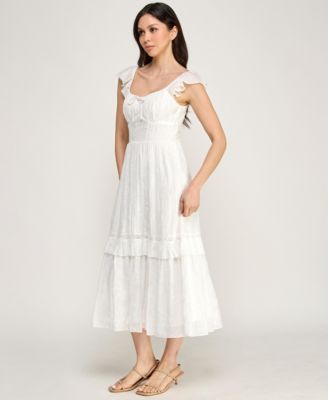 Juniors' Flutter-Sleeve Embroidered Midi Dress