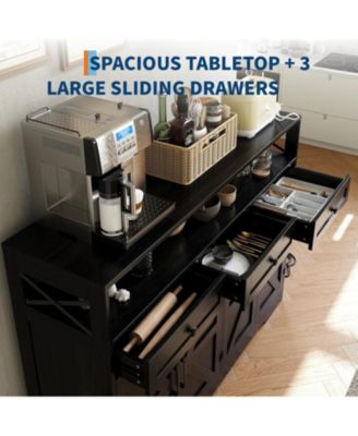 Farmhouse Black Sideboard Buffet Cabinet with Storage Shelf and Built-in Charging Station, 51-inch Large Coffee Bar Hutch