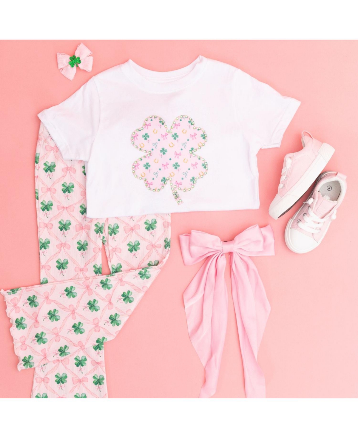 Sweet Wink Little Girls Ditsy Shamrock Patch St. Patrick's Day Short Sleeve T-Shirt