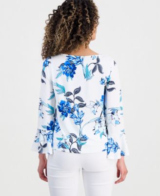 Petite Floral Flare-Sleeve Boat-Neck Top