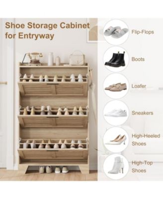 Shoe Storage Cabinet with 3 Flip Drawers, Freestanding Shoe Organizer Storage for Entryway with 2 Side Hooks,  Shoe Rack Cabinet, Natural Oak