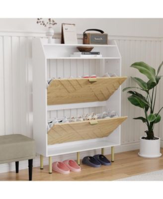 Wood Color Shoe Cabinet, Slim 2-Drawer Shoe Storage Organizer, Adjustable Hidden Entryway Rack, Freestanding Space Shoe Shelf