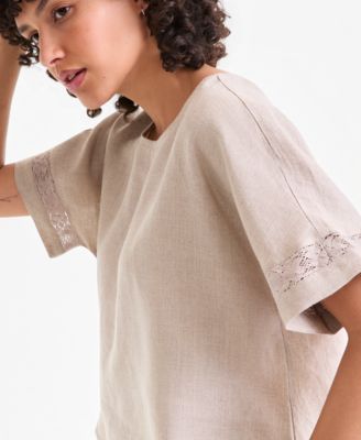 Women's 100% Linen Eyelet-Trim Short-Sleeve Top