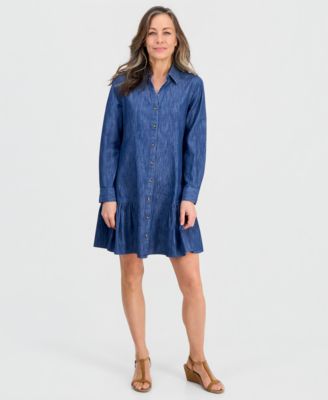 Petite Denim Flounce-Hem Shirtdress