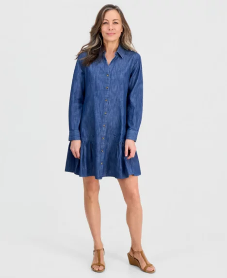Petite Denim Flounce-Hem Shirtdress - Moody Blue