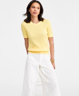 Women's Pointelle Ribbed Short-Sleeve Sweater