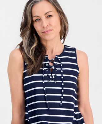 Petite Striped Knit Sleeveless Lace-Up Dress