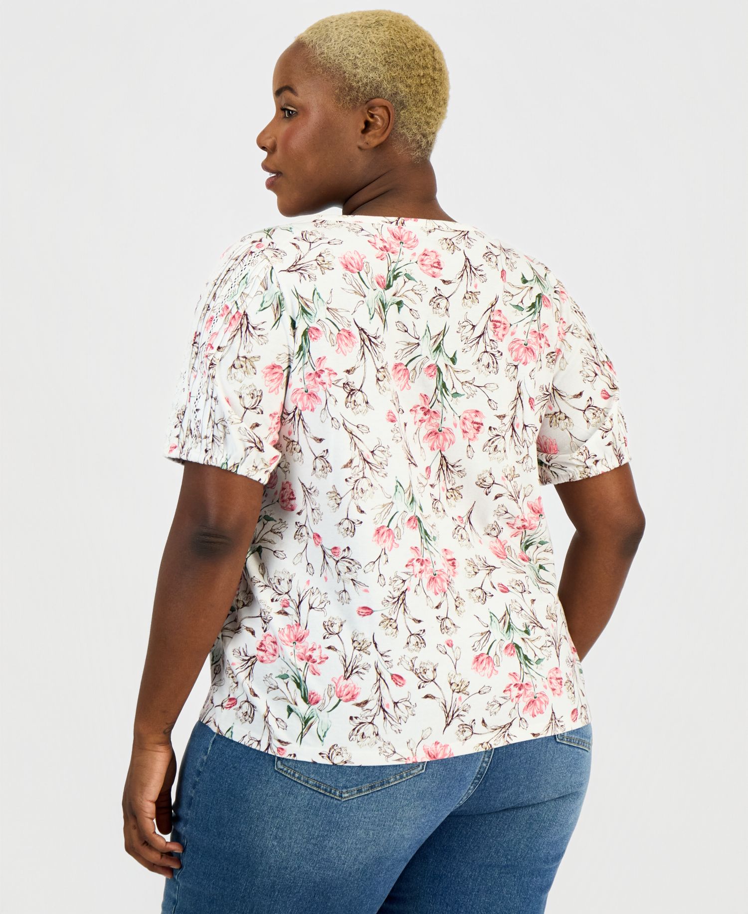 Petite Printed Lace Trim Cotton Short-Sleeve Blouse