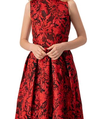 Women's Sleeveless Red and Black Jacquard Midi Dress