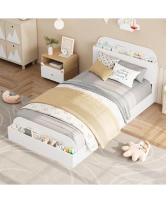 Twin Size Bed Frame, Wooden Beds with Storage Headboard and Raised-Foodboard, Twin-Floor Low Platform Bed for Bedroom, Sturdy Wooden