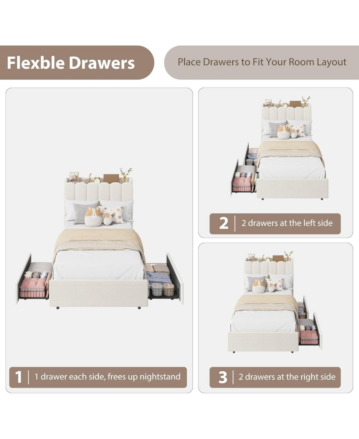 gaomon Boucle Upholstered Platform Bed with Wavy Headboard, Storage Bookcase, 2 Drawers, No Box Spring Needed - Twin Xl