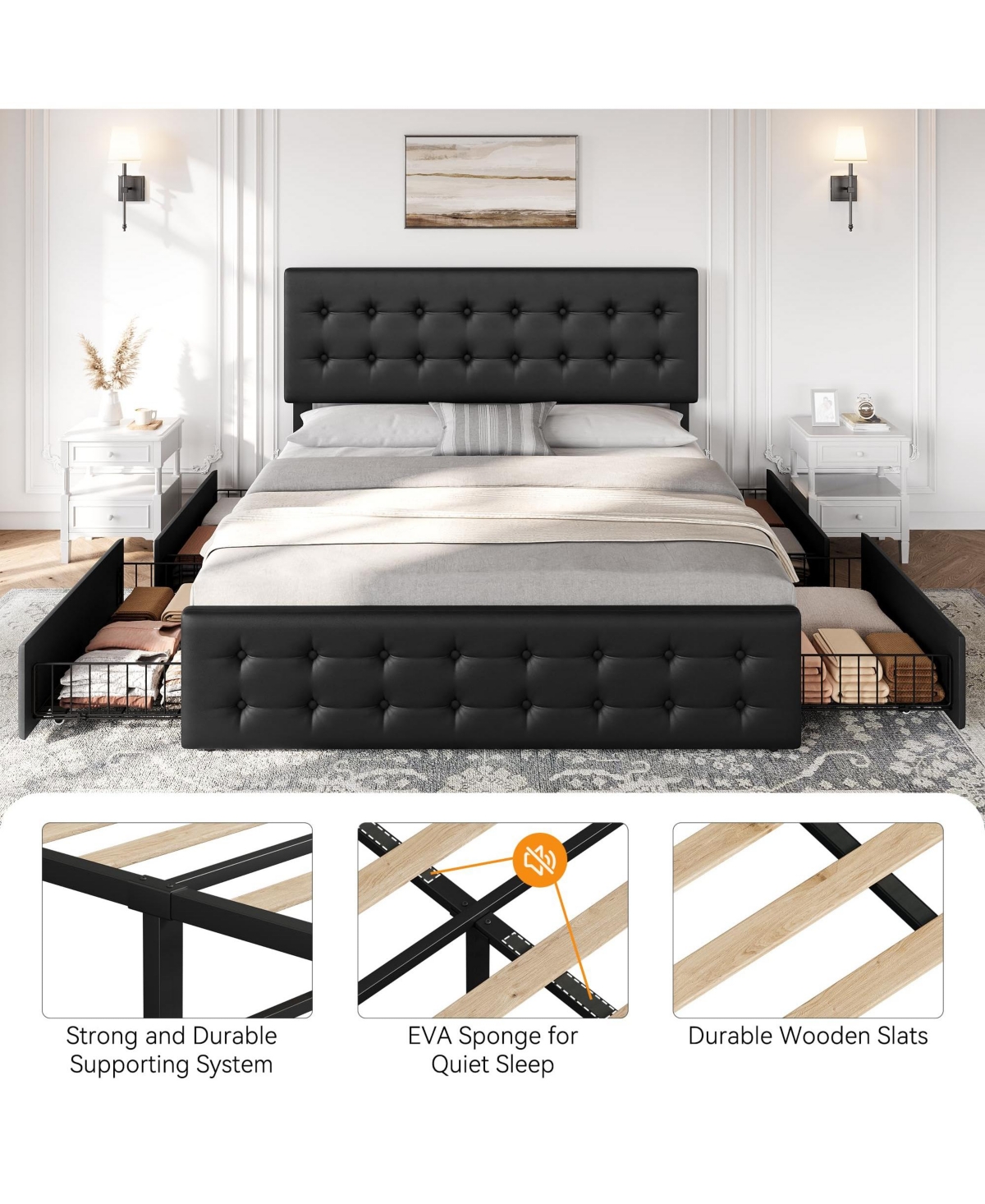 gaomon Bed Frame with Headboard and 4 Storage Drawers, Square Stitched Button Tufted Platform