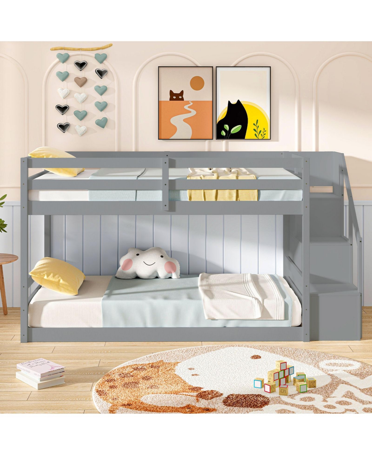 Slickblue Twin Over Bunk Bed with Storage Stairs, Solid Wood Frame