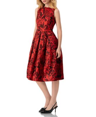 Women's Sleeveless Red and Black Jacquard Midi Dress