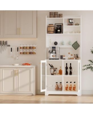 71 in Pantry Cabinet, 6-Tier Freestanding Tall Cupboard Storage Unit with Pegboard, 2 Cabinets, Open Shelves, Glass Doors, Coffee Bar Storage