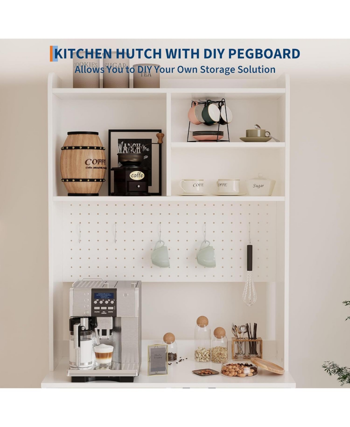 gaomon 71 in Pantry Cabinet, 6-Tier Freestanding Tall Cupboard Storage Unit with Pegboard, 2 Cabinets, Open Shelves, Glass Doors, Coffee Bar Storage