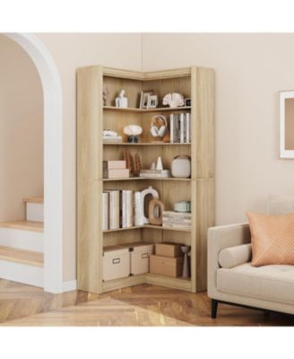 Corner Bookshelf, 71.8 in Corner Bookcase, L-Shaped Bookshelf Farmhouse Bookcase, 5 Tier Display Shelf Heavy Duty Bookcases