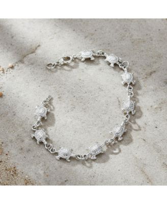 Nautical Tropical Beach Vacation Multi Tortoise Linked Charm Sea Turtles Bracelet Oxidized .925 Sterling Silver