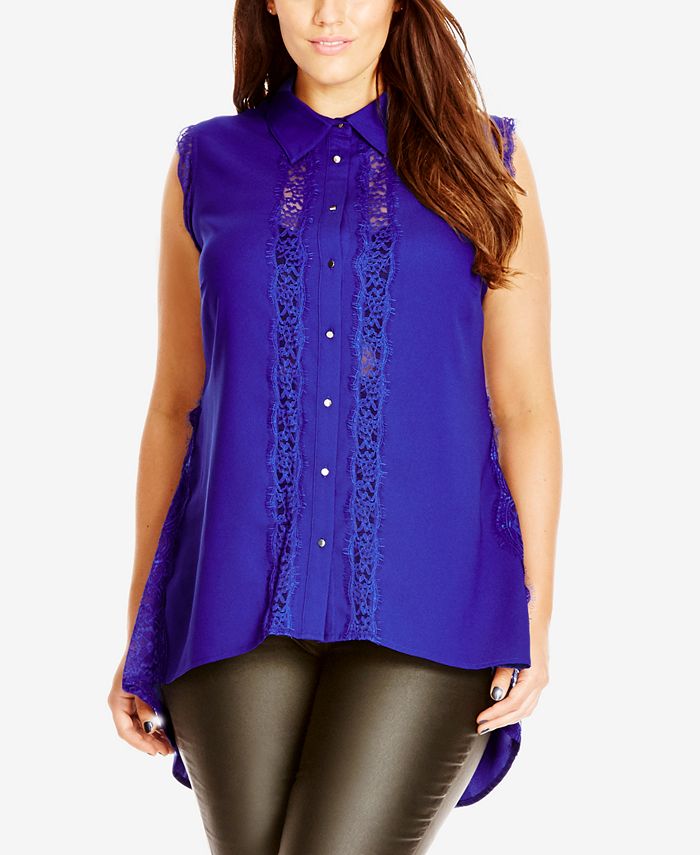 City Chic Plus Size Illusion Lace High-Low Top - Macy's