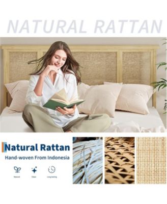 Full Bohemian Rattan Headboard Bed with Wood Slats, Metal Platform, Cane Accent, Durable Support, No Box Spring Needed