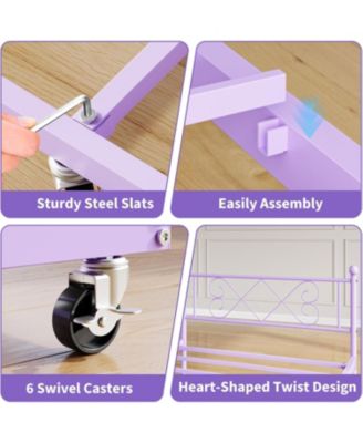 Kids Twin Daybed with Trundle, Purple, Heart Metal Headboard, Steel Slats, Easy Assembly