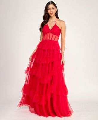 Juniors' Corset Halter Ruffle Tier Skirt Gown