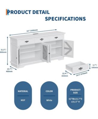 white 63" kitchen buffet cabinet with glass display, 3 drawers, charging station, and mesh barn doors.