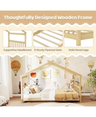 Twin House Bed with Solid Wood Frame and Roof Design - 42