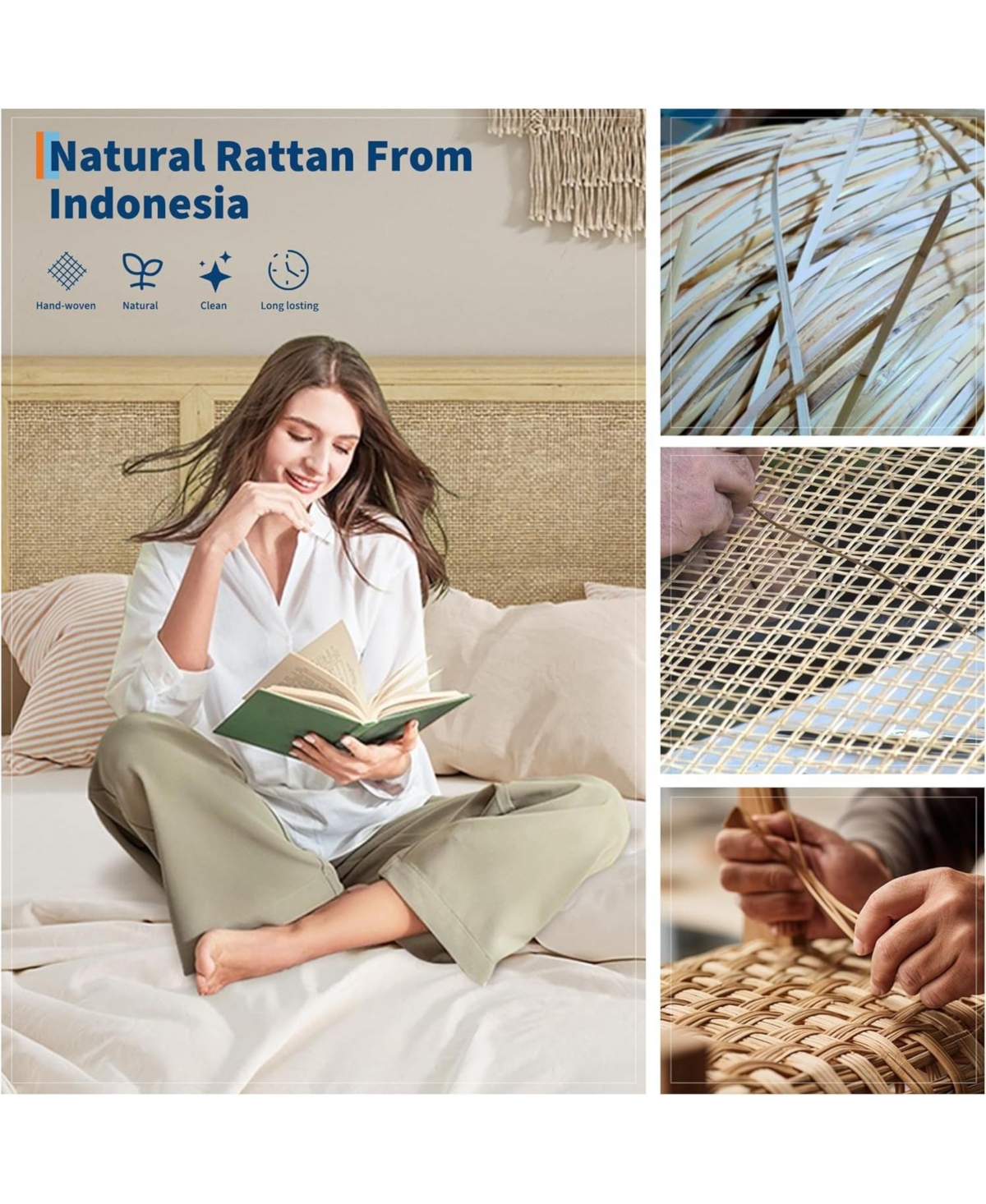 gaomon Full Boho Bed with Rattan Headboard, 4 Storage Drawers, Wood Slats, Metal Frame, No Box Spring Needed