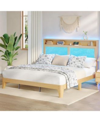 Rattan Queen Size Bed Frame with LED Lights, Boho Wood Bed, Storage Headboard, Charging Station, No Box Spring