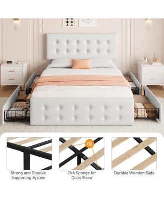 Queen Bed Frame with Headboard and 4 Storage Drawers, Square Stitched Button Tufted Platform