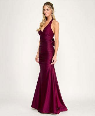 Juniors' Ruched Tie-Back Halter Gown