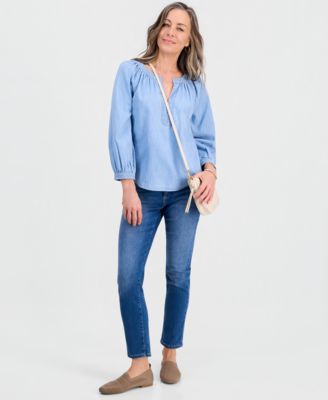 Petite Denim Trapunto-Stitch Blouse