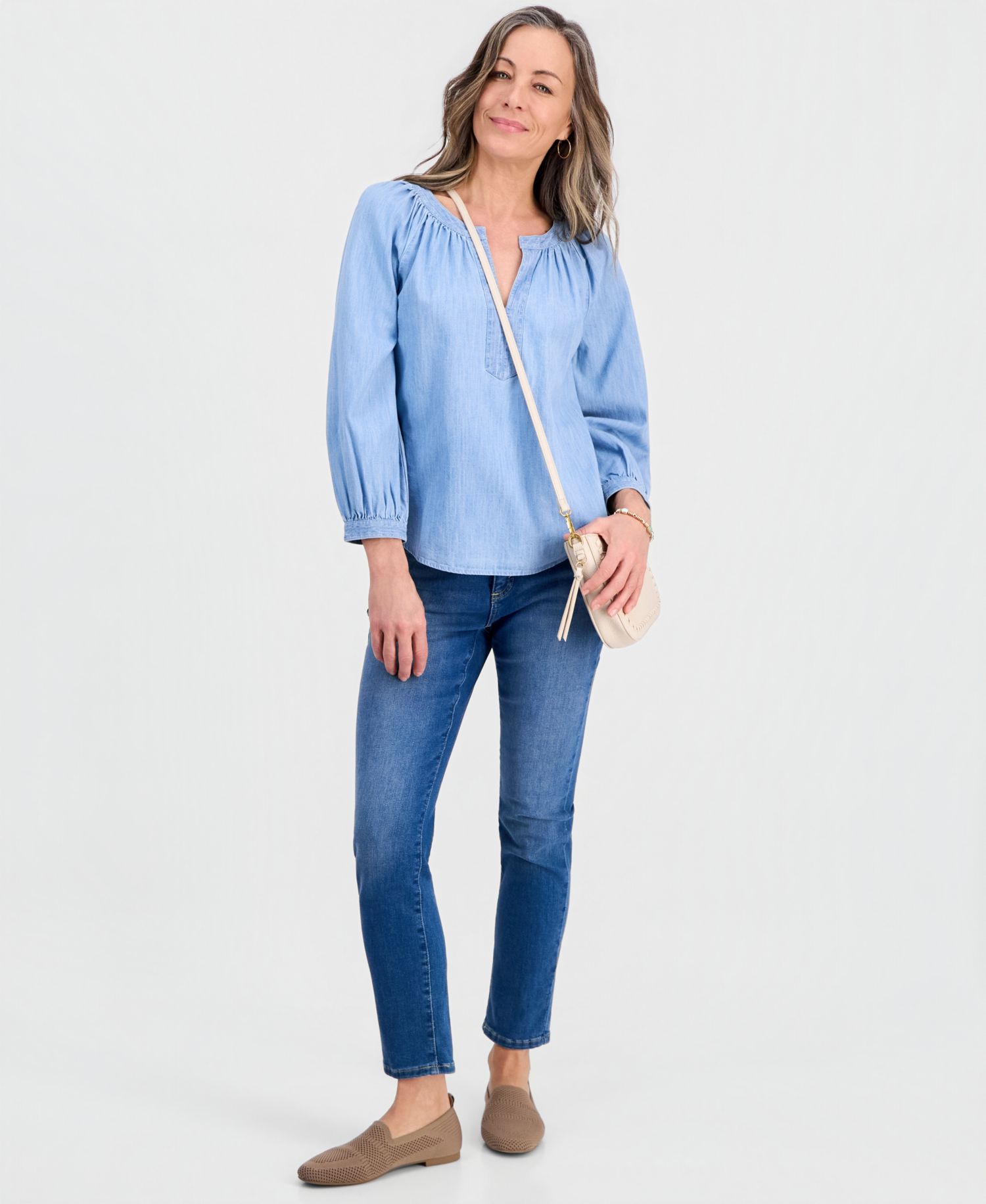 Petite Denim Trapunto-Stitch Blouse