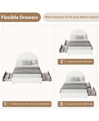 White twin upholstered boucle bed with storage drawers, round headboard, platform frame