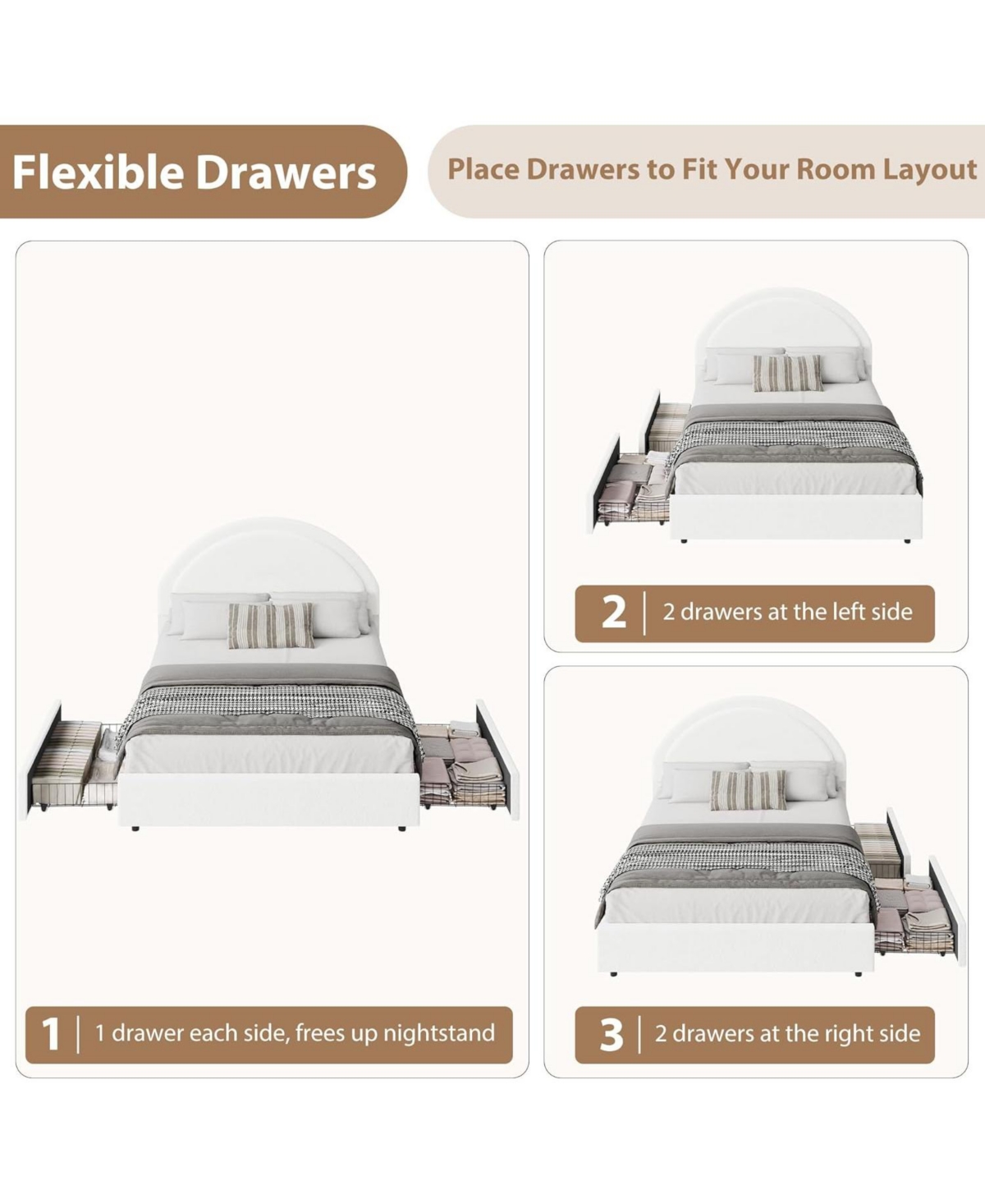 gaomon White twin upholstered boucle bed with storage drawers, round headboard, platform frame