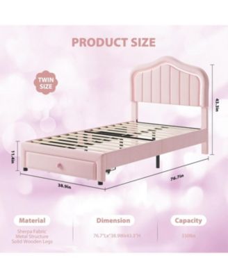 Twin LED Upholstered Bed Frame with Storage Drawer, Velvet Princess Platform for Kids