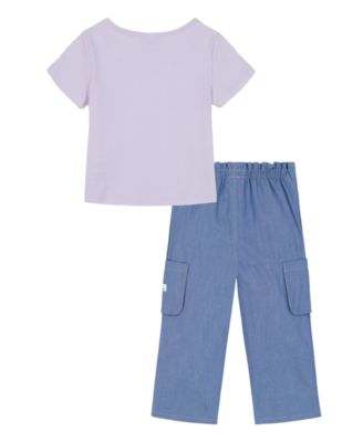  Girls' Toddler 2T-4T Square Neck T-Shirt and Wide Leg Denim Pants, 2-Piece Set