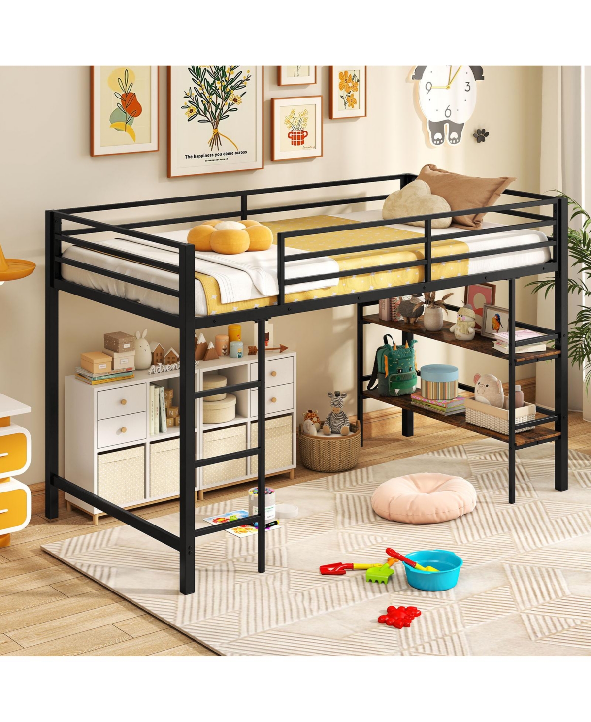 Slickblue Twin Low Loft Bed with Ladder and Shelf Storage for Kids