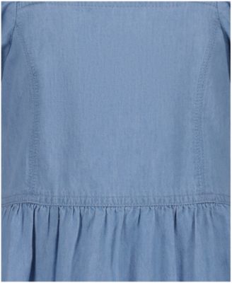Girls' 7-16 Denim Bubble-Sleeve Dress